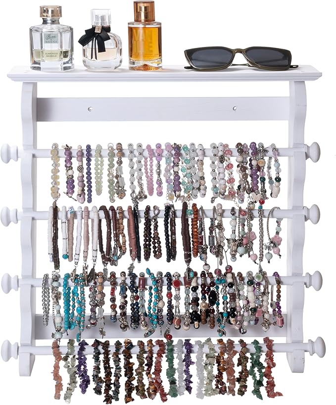 4-Tier Wall-Mounted Wooden Bracelet Holder – Elegant White Jewelry Display Rack with Top Shelf for Perfume, Sunglasses & Accessories – Hanging Organizer for Bracelets, Bangles, Watches & Necklaces