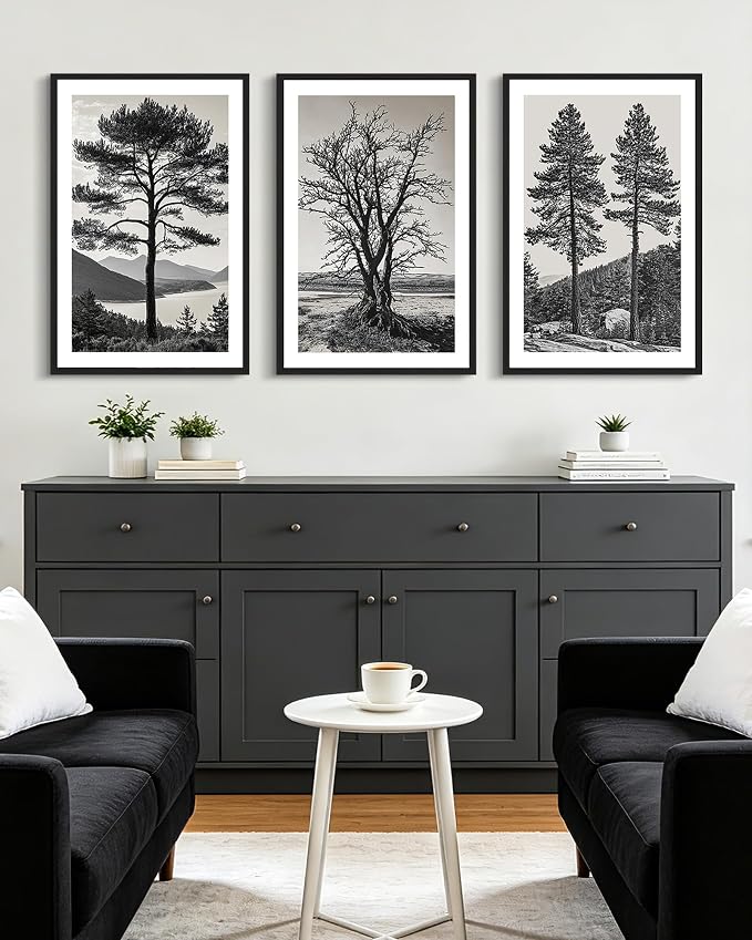 KUVIOKE Vintage Tree Framed Canvas Wall Art Black and White Retro Antique Forest Drawings Nature Wilderness Sketch Wall Painting Modern Decor 16x24in (Black Framed)