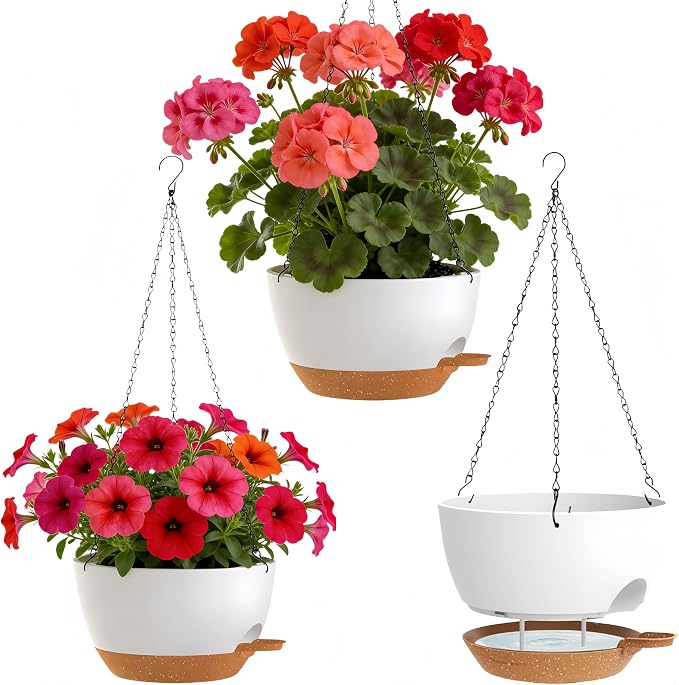 3 Pack Hanging Planters for Indoor Outdoor Plants, 10 Inch Self Watering Hanging Pots for Plants, Plastic Hanging Flower Baskets for Plants Hanger with Drainage and Tray, Chain (White Brown)