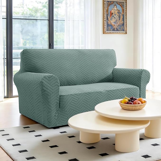 Stretch Sofa Slipcover 2 Cushion Couch Sofa Cover,55"-69" Non Slip Soft Couch Sofa Cover Washable Furniture Protector with Non Skid Foam and Elastic Bottom for Kids, Pets,Pea Green