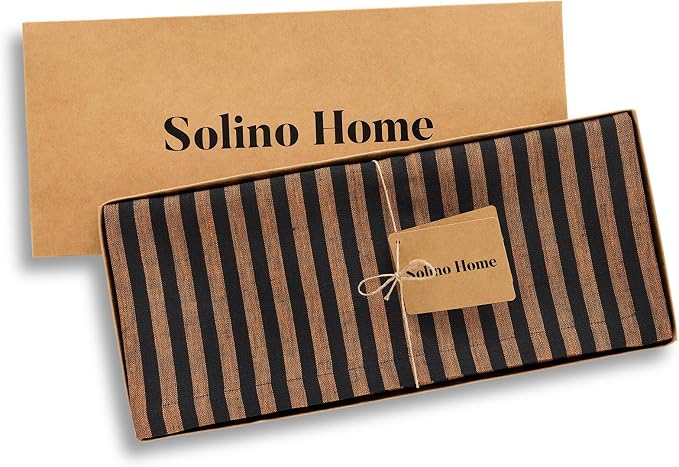 Solino Home Striped Table Runner 132 Inches Long - Amalfi Stripe 100% Pure Linen Pumpkin and Black Dining Table Runner 14 x 132 Inch