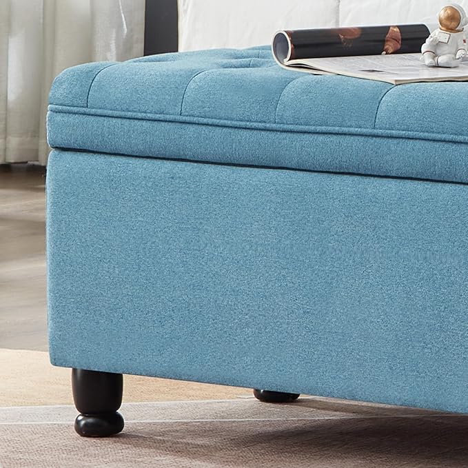 Betoko Linen Storage Benches for Bedroom End of Bed,Mid Century Modern Bed Ottoman Bench with Storage,Button Tufted 45" Long Storage Bench for Entryway Living Room Window (Light Blue)