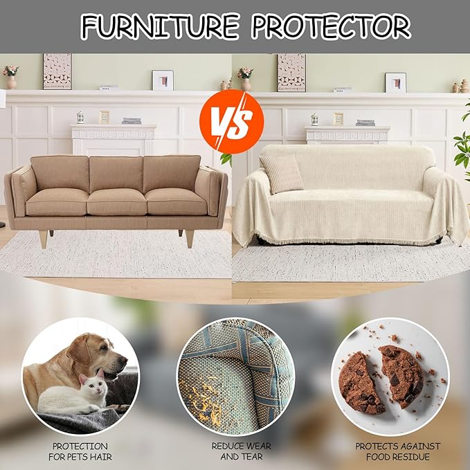 LOMAO Couch Cover Sofa Covers for 3 Cushion Sectional Couch Covers L Shape Couch Cover with Tassel Sofa Protector Washable Reversible Chenille Sofa Slipcover for Pet (Beige,Large(71 * 118))