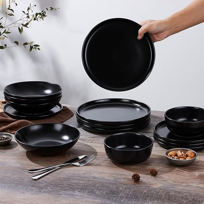 LIANYU 16 Piece Dinnerware Sets with Double Bowls for 4, Modern Ceramic Plates and Bowls Set, Kitchen Round Dinning Ware Dishware Set, Microwave and Dishwasher Safe, Black Onyx