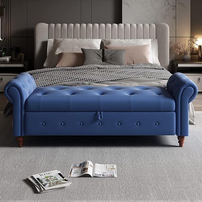 ODUWA 63 Inch Upholstered Tufted End of Bed Storage Bench with Arms,Larger Storage Space, End of Bed Bench for Bedroom Living Room Entryway (Blue-Fabric)