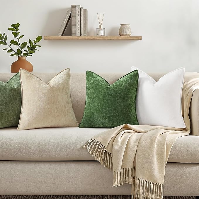 decorUhome Summer Couch Euro Sham Throw Pillow Covers 22x22 Set of 2, Decorative Soft Velvet Modern Cozy Chenille Pillow Cases with Elegant Design for Sofa Bed Living Room Home Decor, Moss Green