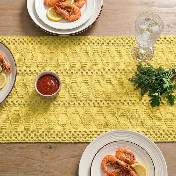 Artoid Mode Yellow Farmhouse Woven Rustic Hollow Table Runner, Seasonal Holiday Hollow Kitchen Dining Table Decoration for Home Party Decor 12x72 Inch