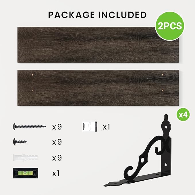 RICHFOCUS Floating Shelves for Wall Decor, 35.4W x 8D Shelves Set of 2, 8 Inch Deep Rustic Wood Shelves Wall Mounted with Brackets, Long Floating Shelves for Living Room Bedroom Kitchen, Black