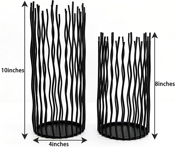8 & 10inches Height Versatile Farmhouse Black Metal Iron Wire Willow Candle Holders with Led Waterproof Candles, Cage Candlestick Holders for Pillar Candle & Plants, Home Décor (Black)