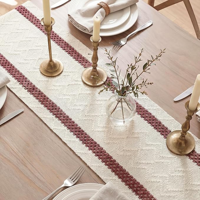 Artoid Mode Red Stripe Woven Table Runner, Seasonal Holiday Hollow Kitchen Dining Table Decoration for Home Party Decor 12x72 Inch