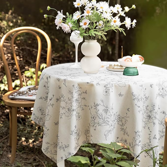 Farmhouse Linen Square Tablecloth Floral Table Cloth with Gray Flowers Pattern Burlap Textured French Rustic Vintage Outdoor Table Cover for Picnic,Dining,Party,Home Decor 55x55 Inch
