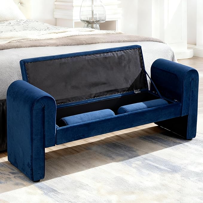 60.5" End of Bed Bench Storage Bench for Bedroom,Soft Velvet Upholstered Ottoman Bench with Rolled Arms, Eentryway Bench with Storage for Living Room,Hallway, Dressing Room (Dark Blue)