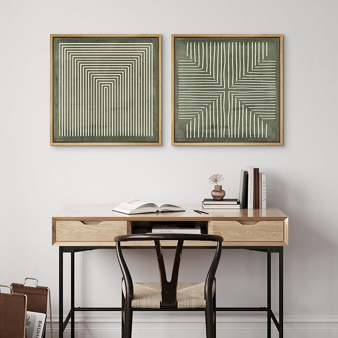 SIGNFORD Framed Canvas Print Wall Art Set Green and White Geometric Maze Illustrations Modern Art Minimal Relax/Calm for Living Room, Bedroom, Office - 24"x24"x2 Natural