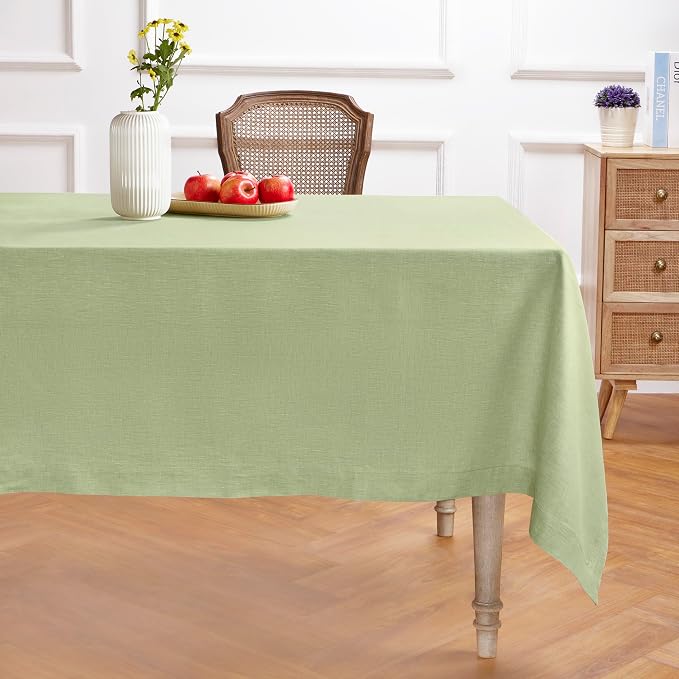 Solino Home Linen Tablecloth 60 x 90 Inch - 100% Pure Linen Chambray Olive Table Cloth for Rectangle Tables - Athena, Machine Washable Tablecloth for Summer