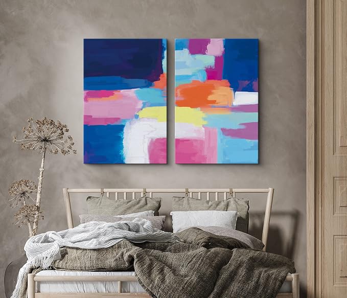 SIGNLEADER Canvas Print Wall Art Set Neon Pastel Colorblocks Geometric Shapes Illustrations Modern Art Contemporary Colorful Multicolor Ultra for Living Room, Bedroom, Office - 24"x36" x 2