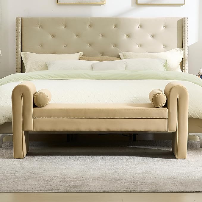 Velvet Bench for Bedroom End of Bed, 60.5- inch Upholstered Button Tufted Ottoman Bench with Rolled Arms, Button-Tufted Ottoman for Living Room, Entryway (Apricot)
