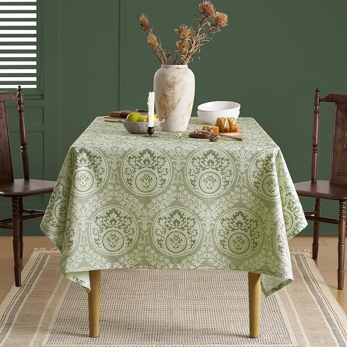 Vintage Green Floral Rectangle Tablecloth: Linen Printed Farmhouse Table Cloth - Damask Patterned on Burlap Textured Fabric Outdoor Table Cover for Kitchen,Dining,Party,Picnic Decor, 55x102 Inch
