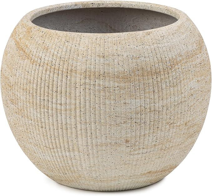 Marlo Fiberstone Round Planter (14.6" Pot Opening x 21.3" D x 16.5" H) Ribbed Finish, Lightweight, Durable, UV Resistant, Modern Home Decor, Indoor Outdoor Pot (L, Ribbed Travertine Beige)