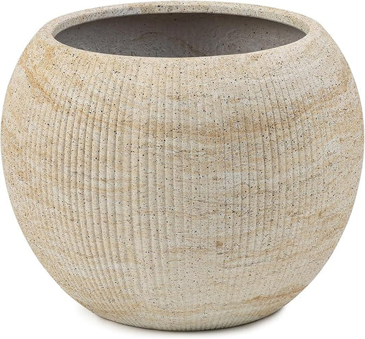 Marlo Fiberstone Round Planter (14.6" Pot Opening x 21.3" D x 16.5" H) Ribbed Finish, Lightweight, Durable, UV Resistant, Modern Home Decor, Indoor Outdoor Pot (L, Ribbed Travertine Beige)