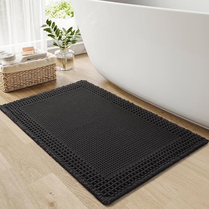 RESARE Waffle Bath Mat for Bathroom, Super Absorbent Bathroom Rugs Non Slip Machine Washable, Ultra Soft Quick Dry Boho Bath Rugs with Tassels, Farmhouse Home Decor Accessories, 17"x24" Black