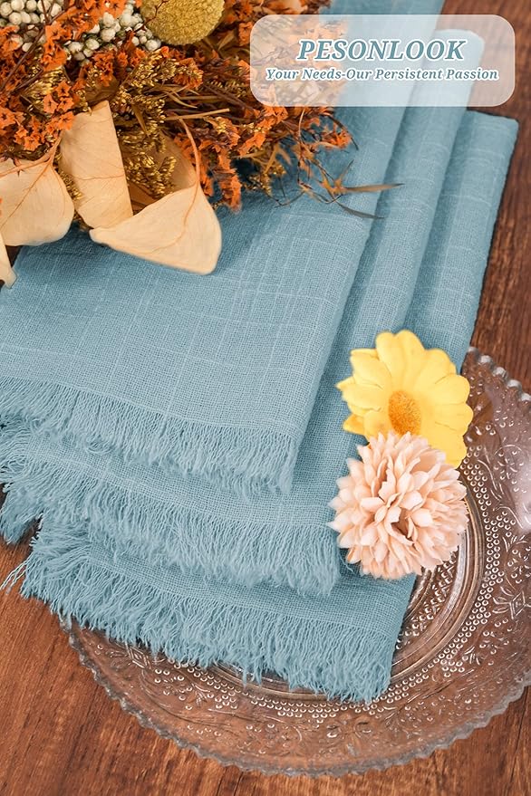 12 Pack Dusty Blue Cloth Napkins Cotton Linen Napkins with Fringe 16 x 16 Inch Soft Handmade Napkins Cloths Delicate Washable Rustic Dinner Napkin Cloths for Wedding Party Dinner Table Decor