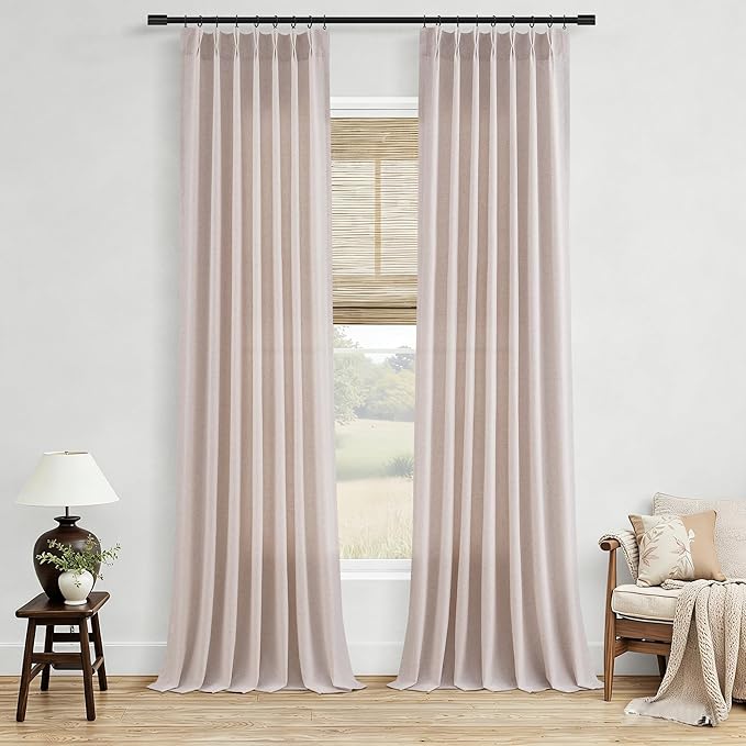 Natural White Linen Pinch Pleated Semi Sheer Curtains 90 Inches Long for Living Room Bedroom Light Filtering Natural Textured Burlap Drapes 90 Length Hooks Rings Back Tab for Sliding Door 2 Panels