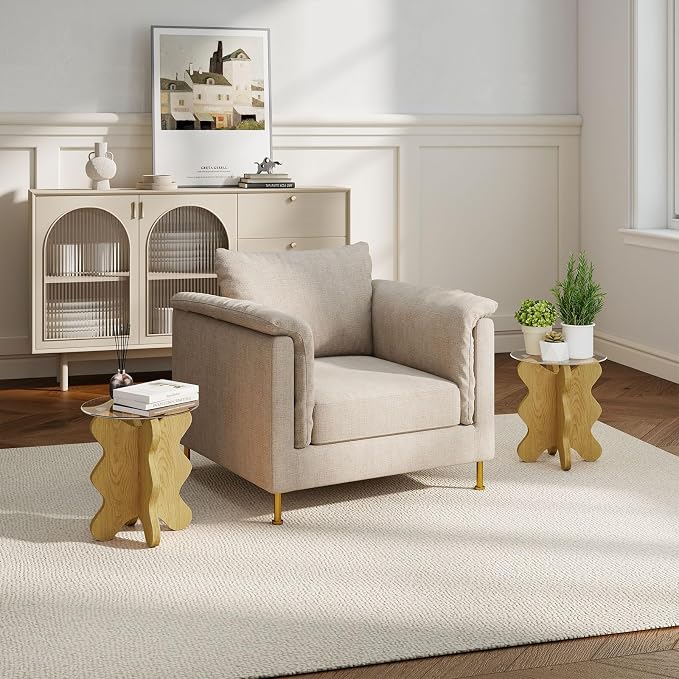 MDF Frame Side Table with Brown Tempered Glass Top, Mortise and Tenon Joint Design, No Screw Easy Assembly, Sturdy End Table for Living Room, Bedroom (Seaweed-Natural)