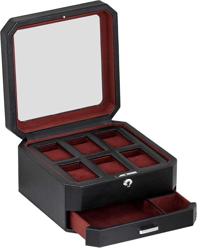 ROTHWELL 6 Slot Leather Watch Box with Valet Drawer - Luxury Watch Case Display Organizer, Microsuede Liner, Locking Mens Jewelry Watches Holder, Men's Storage Boxes Holder Large Glass Top (Black/Red)