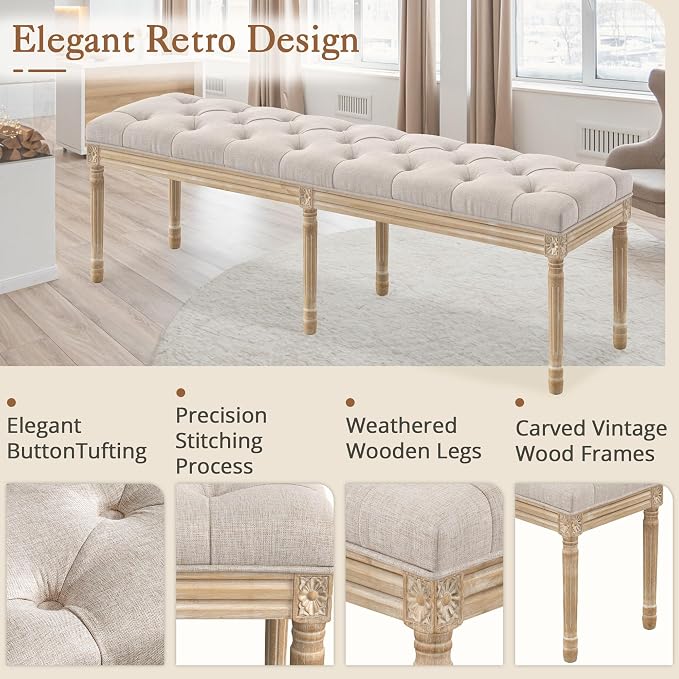 LUE BONA 60" Fabric End of Bed Bench, Upholstered Tufted French Bedroom Bench with Carved Legs for Bedroom End of King Size Bed, Living Room, Linen