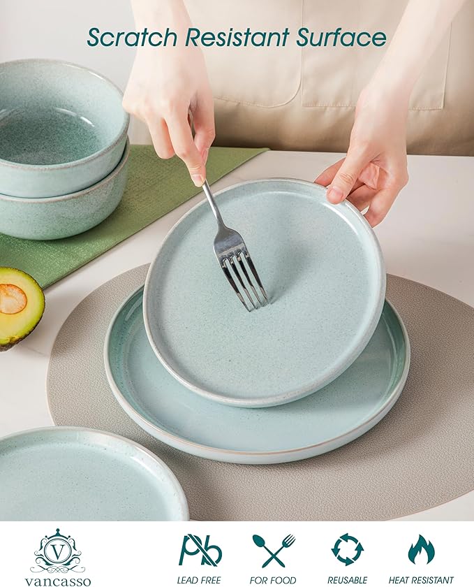 vancasso ANYA 18 Pieces Plates and Bowls Set, Mint Green Dinnerware Sets, Reactive Glaze Dishes Set for 6, Ceramic Dishware Sets Kitchen Dinner Set, Microwave & Dishwasher Safe