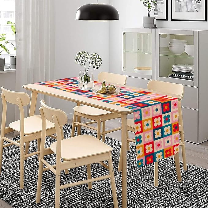Retro Floral Checkered Table Runner Vintage Gardern Flowers Groovy Trendy Hippie Grid Farmhouse Country Dinner Runner for Home Kitchen Dining Table Party Holiday Decor 13"x36"