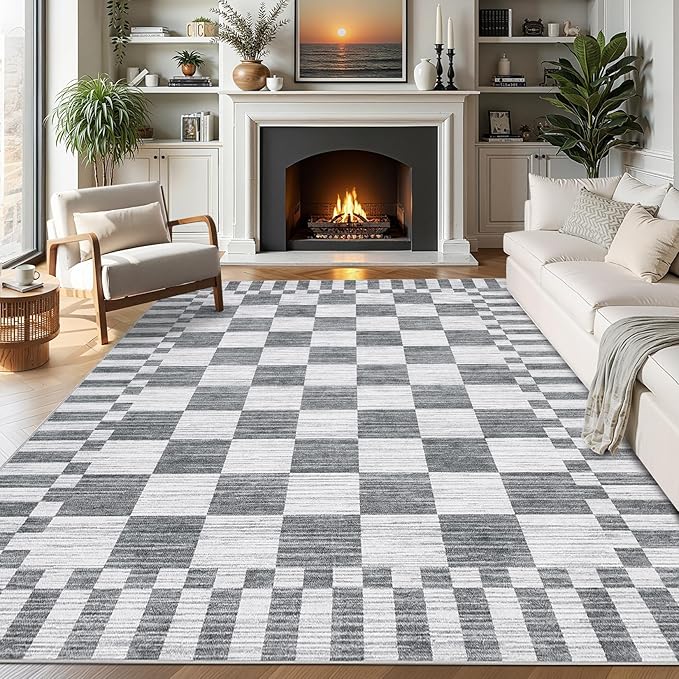 GarveeHome 8×10 Area Rugs for Living Room,Grey Checkered Rug, Non-Slip Washable Rugs 8x10,Soft Low-Pile Farmhouse Geometric Modern Rugs for Bedroom Dining Room