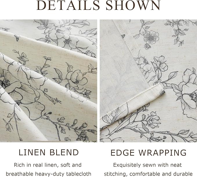 Rustic Linen Table Cloth Rectangle Tables Farmhouse Vintage French Floral Tablecloth with Gray Flowers Pattern Burlap Textured Outdoor Table Cover for Picnic,Dining,Party,Home Decor 55x102 Inch