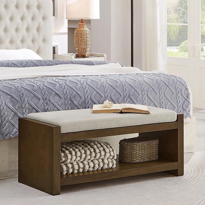 Accent Bench with Lower Shelf Shoe Rack, Padded Seating Bench for Living Room, Modern Compact Bed End Bench with Storage for Bedroom Seating, Removable Cushion (Beige, 40" L)
