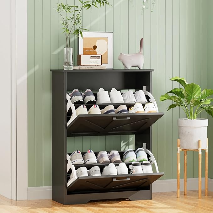 Homleke Farmhouse Shoe Cabinet for Entryway with Barn-Style Flip Drawers, Narrow Shoe Storage Organizer with Top Display Shelf, Adjustable Shelves, Shoe Rack for Hallway, Closet- (Black, 24")