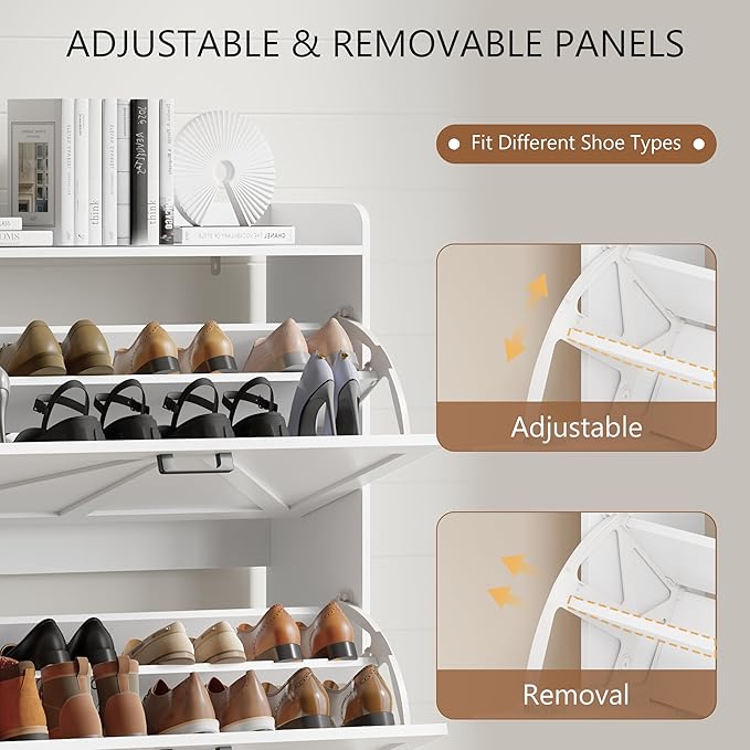Shoe Cabinet with 3 Flip Drawers, Freestanding Hidden Shoe Storage Organizer for Entryway, Narrow Slim Shoe Rack Cabinet with Open Storage & Hooks for Front Door Entrance, Living Room, Hallway, White