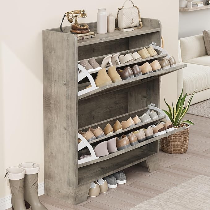IDEALHOSUE Shoe Cabinet Storage for Entryway, Slim Shoe Storage Cabinet with 2 Flip Drawers, Freestanding Hidden Narrow Shoe Organizer Cabinet with Hooks for Entrance, Foyer, Hallway, Gray