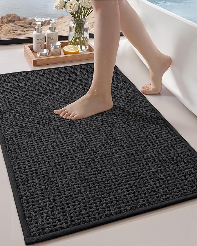 Color&Geometry Rubber Backed Waffle Bath Mat 36x24, Non Slip Water Washable Bathroom Rugs, Soft Absorbent Chenille Boho Carpet for Bathroom Floor, Tub and Shower, Black