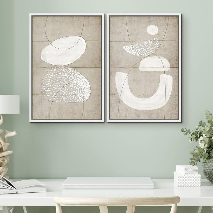 SIGNWIN Framed Canvas Print Wall Art Set Mid-Century Tan Polygon Collage Abstract Shapes Illustrations Minimalism Decorative Bohemian Relax/Zen for Living Room, Bedroom, Office - 16"x24"x2 White