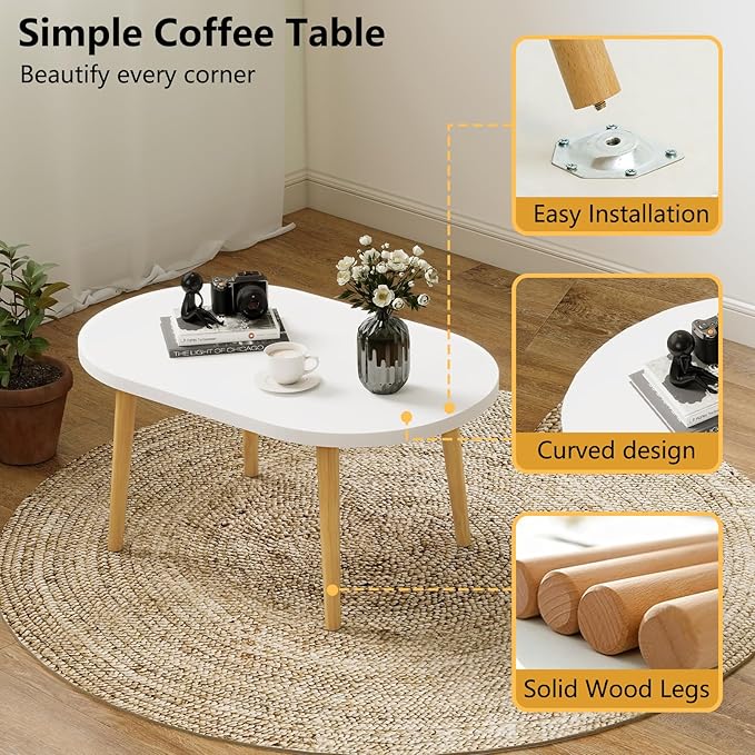 Oval Coffee Table Low Table with 4 Solid Wood Sturdy Legs,Floor Table Desk for Sitting on The Floor,19.7"D x 31.5"W x 16"H Inches,Living Room/Toy room Furniture,Rental house Furniture(White-Oval)