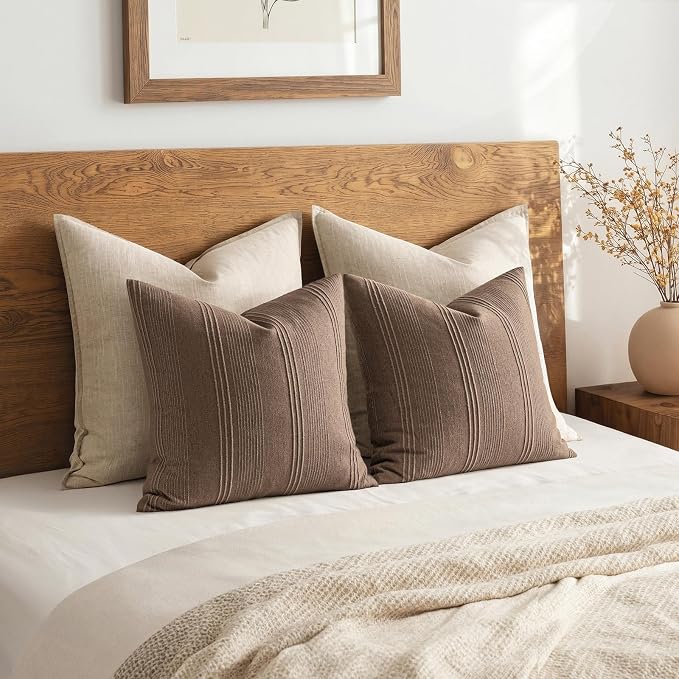 MIULEE Striped Euro Sham Pillow Covers 24x24 Decorative Textured Throw Pillow Covers Pack of 2 Linen Cushion Cases for Couch Bed Sofa Livingroom Farmhouse Home Decor, Coco Brown