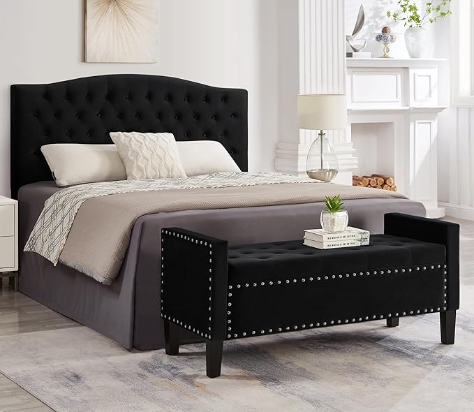 Velvet Modern Upholstered Storage Ottoman Bench with Arms, 48" End of Bed Bench for Entryway, Bedroom, Living Room, Black