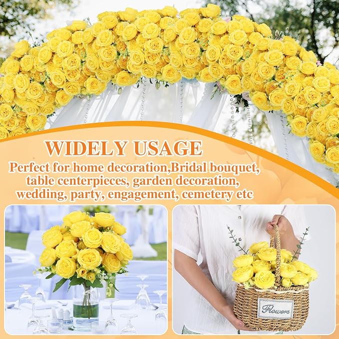 16 Pack Yellow Peonies Artificial Flowers, Fake Silk Hydrangea Bouquet for Bridal Wedding Home Table Decor Reusable Dining Opening Ceremony Birthday Arrangement Faux Floral