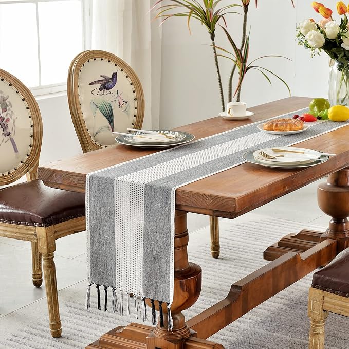 Wracra Linen Table Runner, Farmhouse Macrame Table Runners 36 Inches Long for Dining Table Decor, Wedding, Party and Dresser Decor (Black,36")