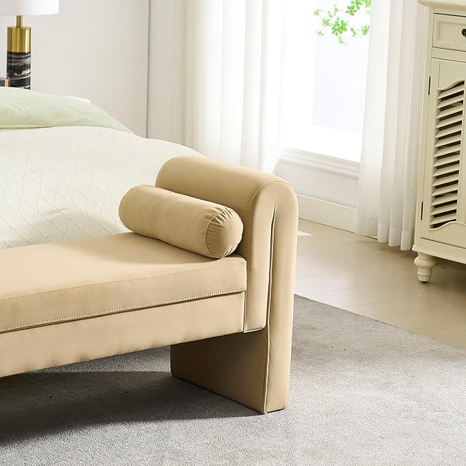 Velvet Bench for Bedroom End of Bed, 60.5- inch Upholstered Button Tufted Ottoman Bench with Rolled Arms, Button-Tufted Ottoman for Living Room, Entryway (Apricot)
