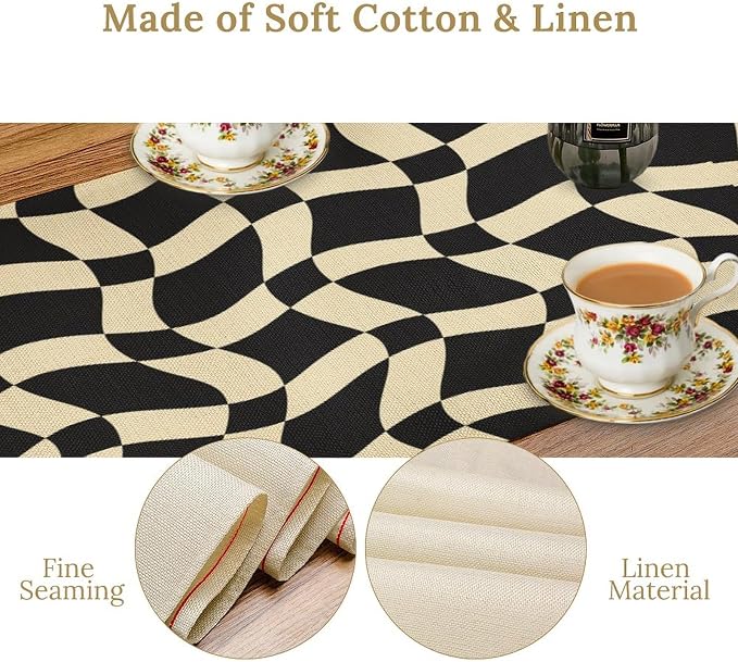 Retro Checkered Table Runner 60s 70s Vintage Twisted Black White Groovy Trendy Wavy Hippie Grid Dinner Runner for Home Kitchen Dining Table Party Holiday Decor 13"x90"