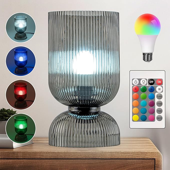 Modern RGB Glass Table Lamp with Remote，Color Changing Bedside Lamp with Ribbed Glass Shade, 16 Colors, On/Off Cord Switch, Nightstand Lamp for Bedroom, Living Room, Office, Bulb Included