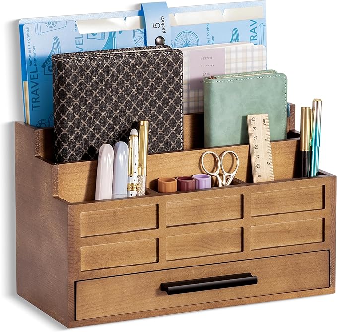 dreampossible Brown Wood Desk Organizer and Accessories with Drawer, Bill Mail Organizer and File Mail Holder for Office Supplies, Rustic Desk Accessories & Workspace Organizers