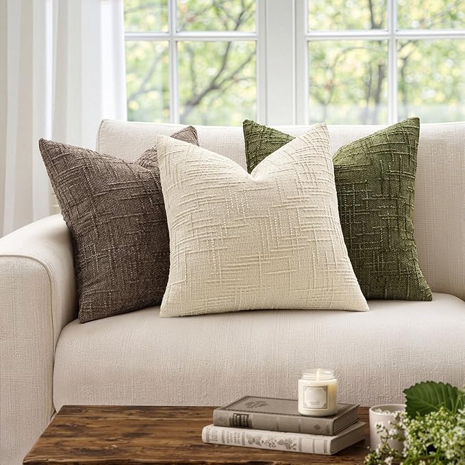 MIULEE Textured Throw Pillow Covers Thick Chenille Decorative Pillows Beige 20x20 Inch Set of 2 Modern Boho Farmhouse Home Decor Neutral Cushion Covers for Couch Sofa Living Room Bedroom