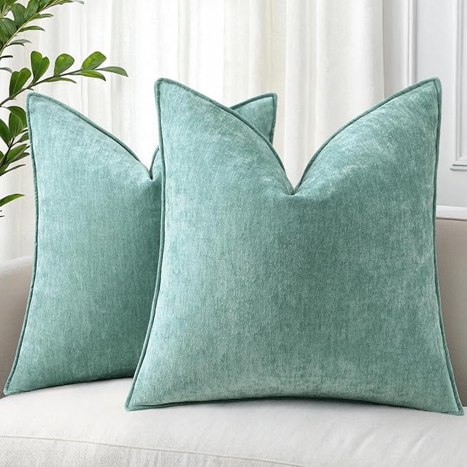 decorUhome Summer Couch Euro Sham Throw Pillow Covers 26x26 Set of 2, Decorative Soft Velvet Modern Cozy Chenille Pillow Cases with Elegant Design for Sofa Bed Living Room Home Decor, Aqua Haze